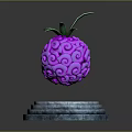 Purple Swirly Patterned Fruit With Green Leaves On Stone Pedestal Against Dark Background