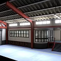 Industrial Interior With Red Trusses High Ceiling Roll Up Door Windows Blue Floor And Staircase