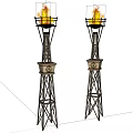 Tall Ancient Architectural Torch Towers With Flames And Traditional Decorative Design
