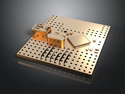 Golden Electronic Circuit Board With Integrated Chips And Perforated Holes Design 3d model