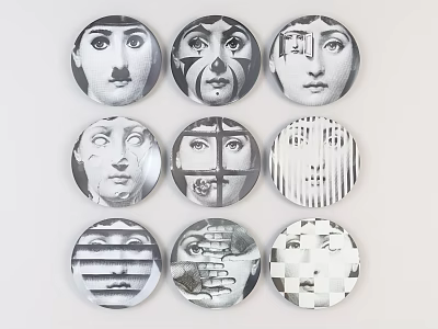 Multiple Artistic Circular Badges Featuring Abstract Black And White Face Patterns 3d model