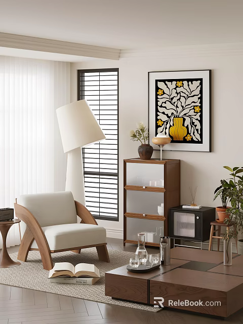 Wooden Chest of Drawers with Decorative Vase Floor Lamp and Armchair in Living Room 3d model 