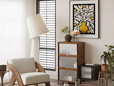 Wooden Chest of Drawers with Decorative Vase Floor Lamp and Armchair in Living Room 3d model