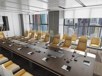 Modern Conference Room Interior With Long Wooden Table Yellow Chairs Microphones And City View Windows 3d model