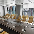 Modern Conference Room Interior With Long Wooden Table Yellow Chairs Microphones And City View Windows