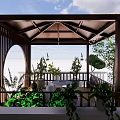 Garden Pavilion With Brown Roof Wooden Floor Columns Railing And Surrounding Green Plants