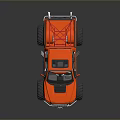 Orange Monster Truck With Large Tires And White Pointed Objects On Roof