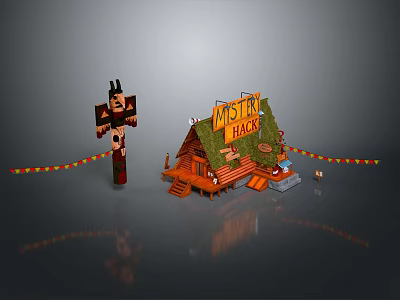 Mystery Shack Wooden Cabin Building With Signboard Decorative Flags And Roof Design 3d model