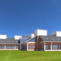 Modern Detached Villa With Red Brick Exterior White Roof Large Windows And Green Lawn