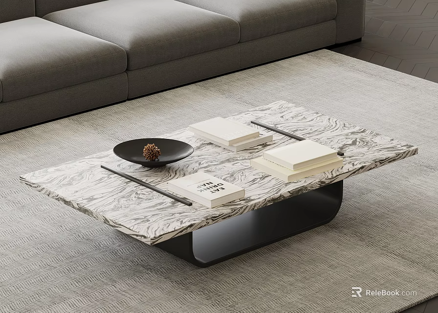 Modern Coffee Table With Marble Top Black Metal Base Books And Decorative Bowl 3d model 