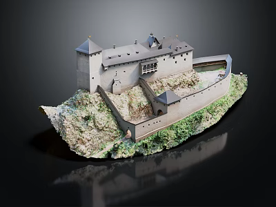 Exquisite Castle Style Residential Building 3D Model on Hill with Green Vegetation and Wall 3d model