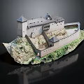 Exquisite Castle Style Residential Building 3D Model on Hill with Green Vegetation and Wall