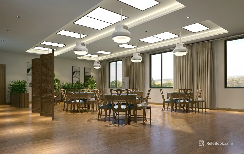 Elegant Hotel Mahjong Room With Bright Ceiling Lights Wooden Floors And Tables 3d model 