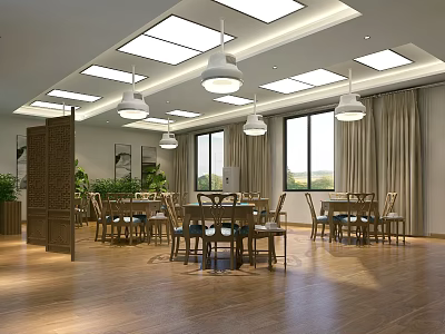 Elegant Hotel Mahjong Room With Bright Ceiling Lights Wooden Floors And Tables 3d model