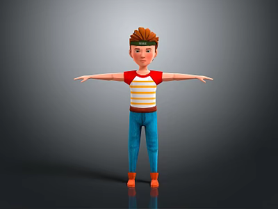 3D Boy Character With Brown Hair Headband Red White Striped Shirt Blue Pants Orange Shoes 3d model