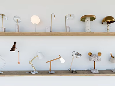 Various Stylish Table Lamps On Wooden Shelves With Modern Creative Designs 3d model