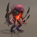 Frightening Fantasy Monster With Glowing Red Core Purple Tentacles And Sharp Claws