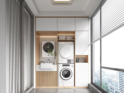 Modern Home Balcony Design With Washing Machine Dryer Sink And Storage Cabinets 3d model