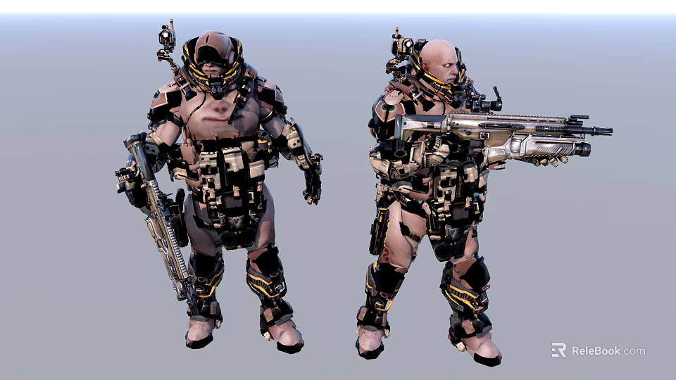 Game and Movie Sci Fi Characters in Mechanical Armor Holding Weapons Design 3d model 