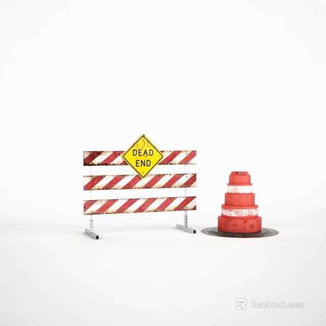 Traffic Sign With Dead End Warning Red White Striped Barrier And Red Cone 3d model 