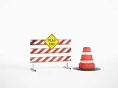 Traffic Sign With Dead End Warning Red White Striped Barrier And Red Cone 3d model
