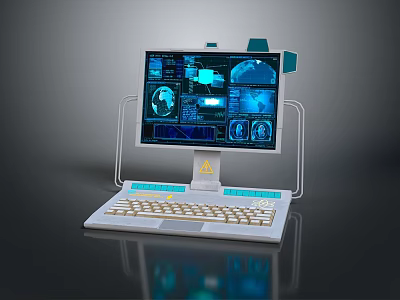 Advanced Tech Workstation With Blue Digital Interface Data Charts And Keyboard Setup 3d model