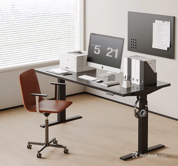 Adjustable Height Desk And Brown Office Chair Set With Computer Monitor And Office Supplies 3d model 