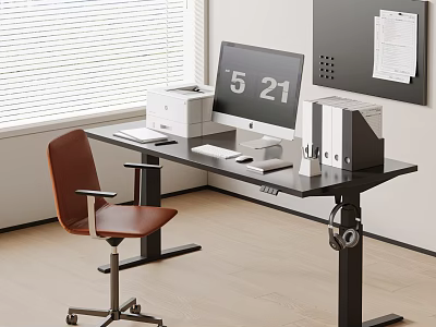 Adjustable Height Desk And Brown Office Chair Set With Computer Monitor And Office Supplies 3d model