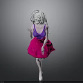 3D Female Character With White Hair Purple Top And Pink Skirt Against Gray Background