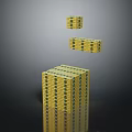 Decorative Ornament Set Of Yellow Stacked Cubes With Dark Background And Reflective Surface