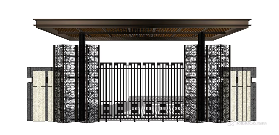 Modern Iron Art Entrance Gate With Carved Hollow Panels Side Columns And Top Beam 3d model 
