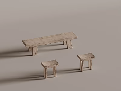 Natural Wooden Leisure Chairs with Simple Design Bench and Small Stools Set 3d model
