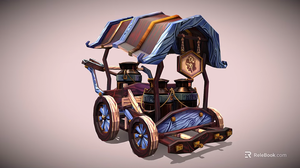 Mythical Style Wooden Mobile Cart With Blue Decorations Ornate Roof And Metal Canisters 3d model 