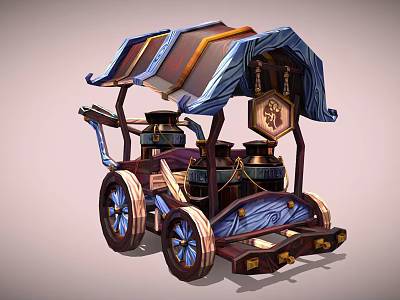 Mythical Style Wooden Mobile Cart With Blue Decorations Ornate Roof And Metal Canisters 3d model