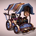 Mythical Style Wooden Mobile Cart With Blue Decorations Ornate Roof And Metal Canisters