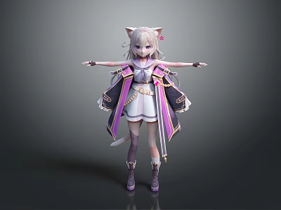 Cat Ear Girl With Feline Features Long White Hair Kimono Style Outfit Standing Pose 3d model