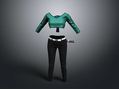 Casual Daily Outfit With Green Cropped Top Black Pants And White Belt Accessory 3d model