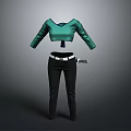 Casual Daily Outfit With Green Cropped Top Black Pants And White Belt Accessory