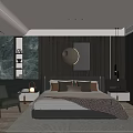 Modern Bedroom Interior Design With Dark Wall Round Light Striped Carpet And Accent Chair