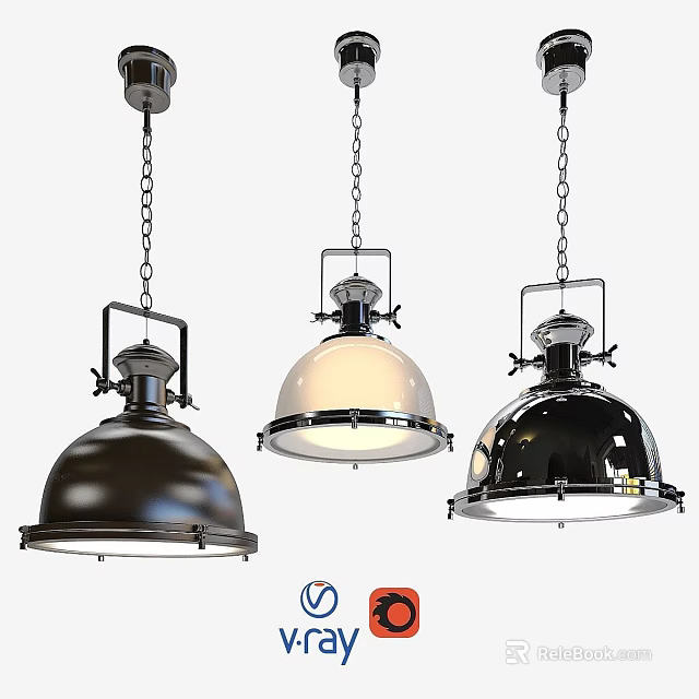 Three Industrial Style Pendant Lights with Black White Metallic Dome Shades And Chain Hanging 3d model 