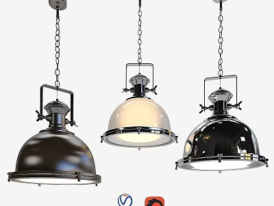 Three Industrial Style Pendant Lights with Black White Metallic Dome Shades And Chain Hanging 3d model