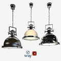 Three Industrial Style Pendant Lights with Black White Metallic Dome Shades And Chain Hanging