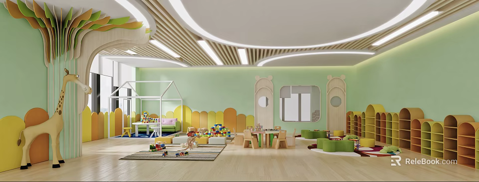 Kindergarten Interior Design With Green Walls Yellow Wavy Decorations And Wooden Play Areas 3d model 