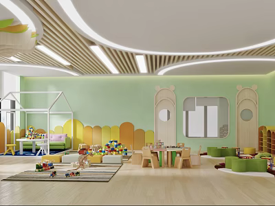 Kindergarten Interior Design With Green Walls Yellow Wavy Decorations And Wooden Play Areas 3d model