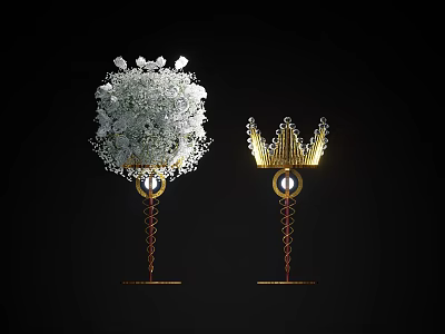 Banquet Hall Decoration with White Flower Bouquet and Golden Crown Ornament on Golden Stands 3d model