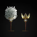 Banquet Hall Decoration with White Flower Bouquet and Golden Crown Ornament on Golden Stands