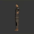 Man In Brown Utility Coverall Standing With Arms Outstretched On Gray Background
