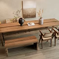 Simple Wooden Dining Table Set With Bench Chairs Decorative Vases And Wall Art