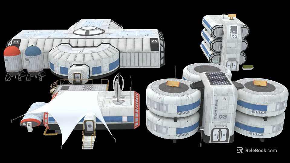 Industrial Equipment Modular Structures With Circular Components And Mechanical Units 3d model 