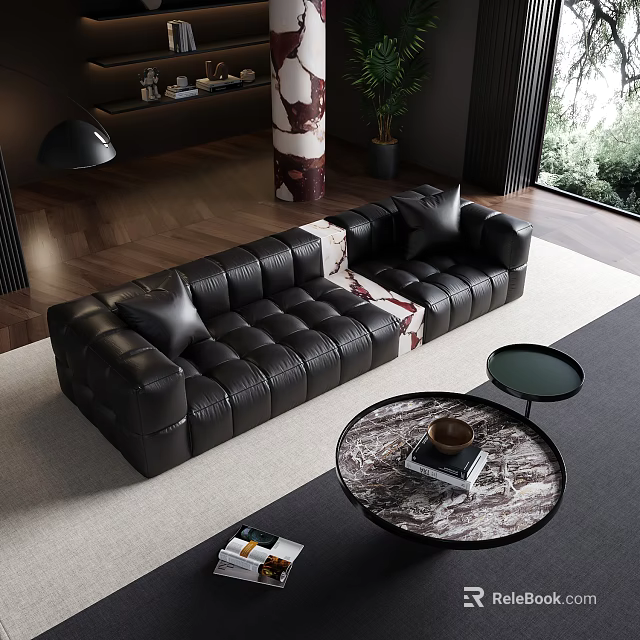 Black Leather Multi Seater Sofa With Tufted Design Cushions And Marble Coffee Table 3d model 